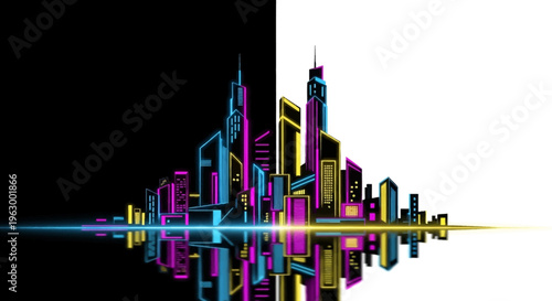 Vibrant cityscape with colorful skyscrapers.