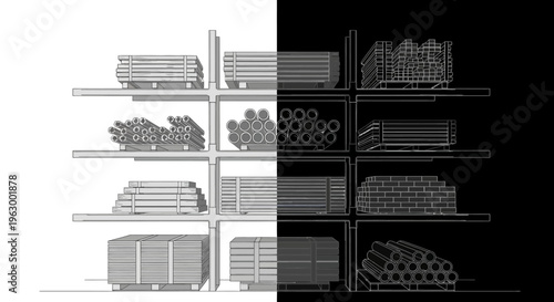 black and white image of industrial storage shelves filled with various metal parts.