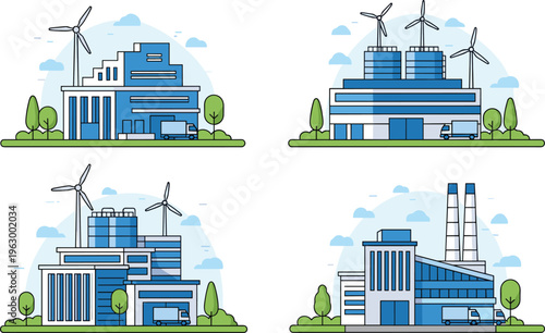 eco factory icons set, green energy industrial plants, wind turbines, sustainable production facilities, renewable energy concept, clean industry buildings, vector illustration collection design