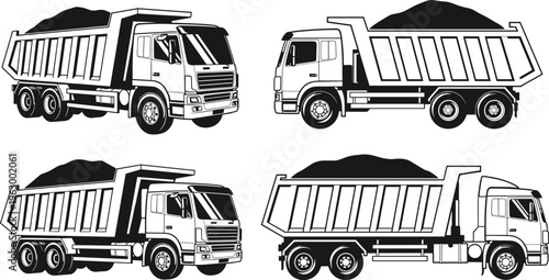 Dump truck construction vehicle set, heavy duty transport trucks carrying soil and gravel, industrial machinery, mining and building equipment, black line vector illustration collection