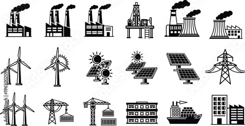 energy and industry icons set, power plants wind turbines solar panels, industrial factories, electricity infrastructure, renewable energy concept, black silhouette vector illustration 