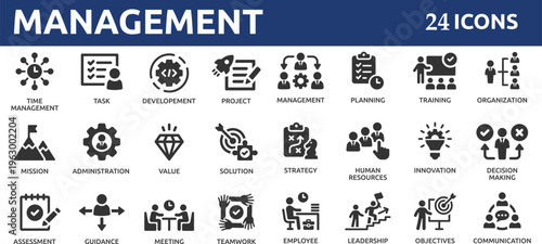 Business or organisation management 24 icon set. Containing manager, teamwork, strategy, marketing, business, planning, training, employee icons.