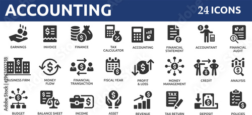 Accounting 24 icon set. Containing financial statement, accountant, financial audit, invoice, tax calculator, business firm, tax return, income and balance sheet icons.