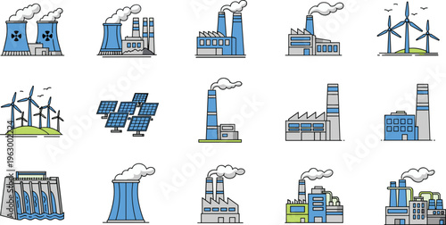 Energy production icons set, nuclear power plant, wind turbines, solar panels, hydro dam, industrial factories vector illustration, renewable and nonrenewable energy collection