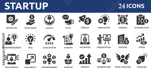 Startup 24 icon set. Containing innovation, business plan, investment, launch, funding, investor and entrepreneurship icons.