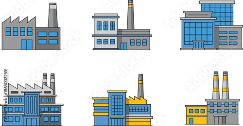 factory building icons set, industrial plants and modern facilities, manufacturing industry structures, power production buildings, urban factories, colorful vector illustration collection design