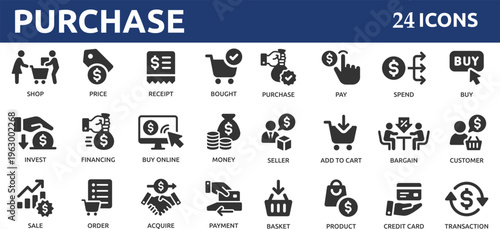 Purchase 24 icon set. Containing buy, pay, order, shop, price, payment, product, spend, receipt and more.