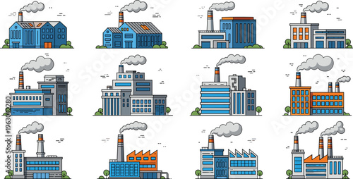 factory building icons set, industrial plants with smoke chimneys, manufacturing facilities, pollution concept, power industry structures, urban factories, colorful vector illustration collection pack
