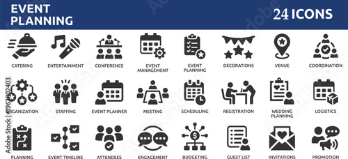 Event planning 24 icon set. Containing decorations, venue, event planner, registration, entertainment, catering and invitations symbol.