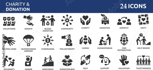 Charity and Donation 24 icon set. Help, volunteer, donated, assistance, sharing and solidarity