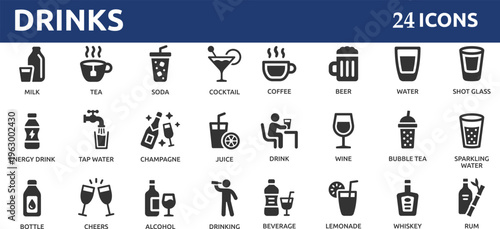 Drinks 24 icon set. Containing water, coffee, tea, drinking, glass, soda, cocktail, bottle, wine, beverage and more.