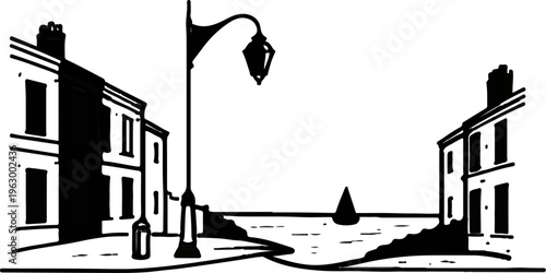 Urban seaside with a retro illustration, capturing the essence of a serene coastal town, featuring a quaint street with classic architecture.