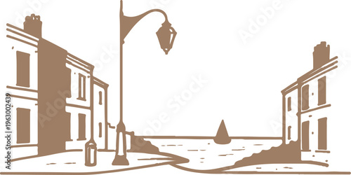 Abstract a monochromatic depiction of a quaint coastal townscape, where architecture and nature unite to form an idyllic tableau, evoking a sense of tranquility and a glimpse into timeless simplicity.