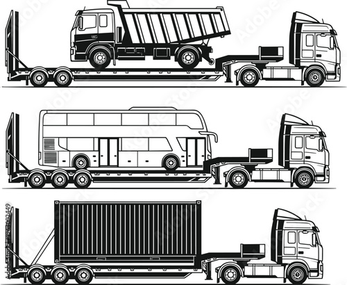Heavy transport trucks with trailers carrying dump truck, bus and container cargo, logistics freight vehicles, transportation industry concept, detailed black line vector illustration set