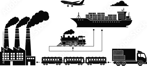 Global industrial transport network illustration, showing factory emissions, cargo ship, airplane, train, truck, logistics supply chain, pollution, industry trade transportation concept, black