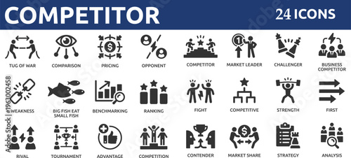 Competitor 24 icon set. Containing competition, opponent, market leader, advantage, strengths, weakness, comparison and ranking.