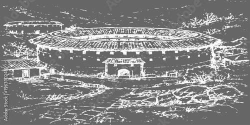 Circular Chinese building depicted in an artistic drawing style, showcasing its architectural grandeur and cultural richness.