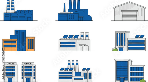 industrial building icons set, factory office warehouse structures, manufacturing facilities, solar panel energy plants, urban architecture, business buildings, vector illustration collection 