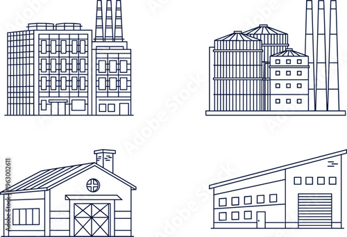 industrial building line icons set, factory warehouse house refinery structures, architecture outlines, manufacturing facilities, urban construction, real estate symbols, vector illustration 