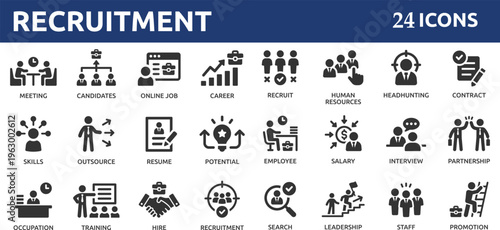 Recruitment 24 icon set. Headhunting, career, resume, job hiring, candidate and human resource icons.