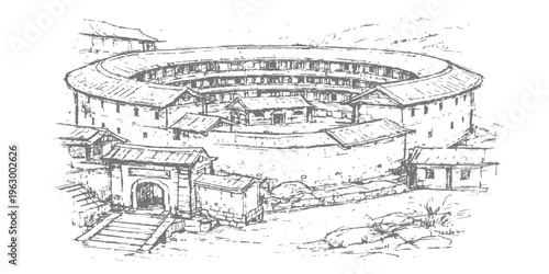 Abstract a meticulously detailed, pen-and-ink drawing captures the essence of a traditional architectural marvel, a round earthen structure.