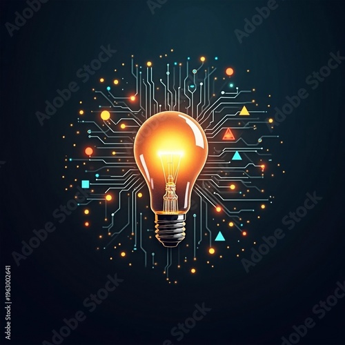 Futuristic Glowing Lightbulb with Geometric Data Particles