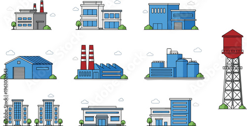Industrial buildings and factory icons set, warehouses, plants, storage tanks, water tower vector illustration, urban infrastructure and manufacturing facilities isolated on white background