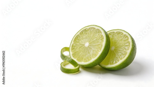Sliced lime with peel on white background