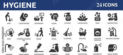 Hygiene 24 icon set. Containing cleaning, disinfection, soap, bathing, sweep, shower, washing hands, clean and sanitation icons.