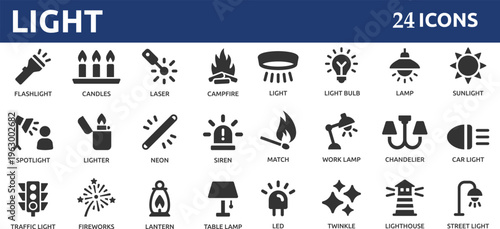 Light 24 icon set. Containing light bulb, lamp, flashlight, LED, chandelier, spotlight and lighter icons.