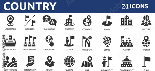 Country 24 icon set. Containing flag, nation, citizen, land, world, government, landmark, borders and more.