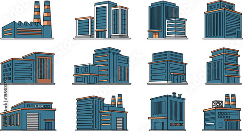 Industrial buildings vector set, factory, warehouse, office architecture icons, modern manufacturing facilities, urban industry infrastructure illustration, commercial and industrial properties 