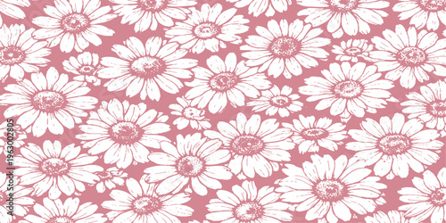 A field of delightful daisies, each meticulously detailed in a vintage style, flourishes across the image. The gentle pink backdrop complements the white petals, evoking feelings of serenity.