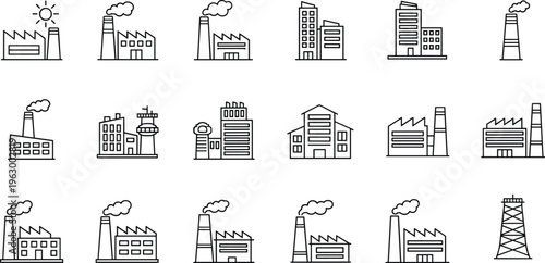 Industrial factory and urban building line icon set, manufacturing plants, smokestacks, city structures, infrastructure elements, minimal outline vector illustration collection for design use