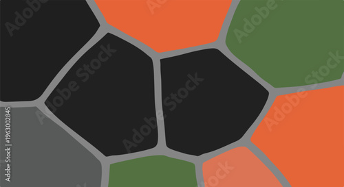 Abstract mosaic with shapes in orange, black, green and gray colors