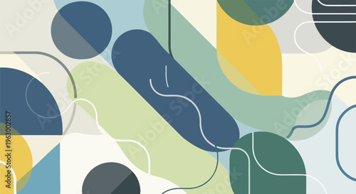 Abstract composition with colorful geometric shapes and flowing white lines