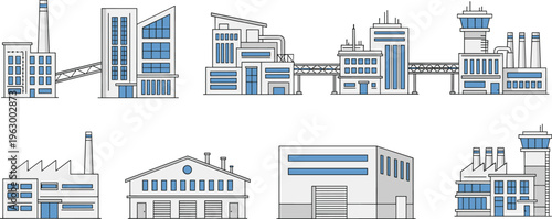 industrial factory buildings icons set, manufacturing plants and warehouses, urban industry structures, production facilities, modern architecture, business infrastructure, vector illustration 