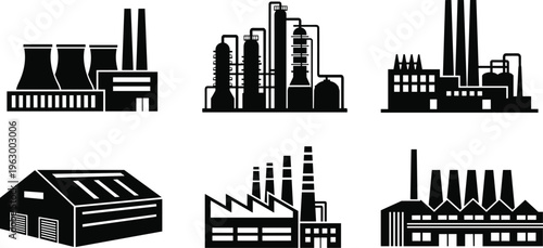 industrial factory icons set, power plants and refineries, manufacturing facilities, chemical industry buildings, heavy industry concept, black silhouette vector illustration collection design