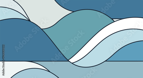 Abstract wavy composition in shades of blue and white, with outlines