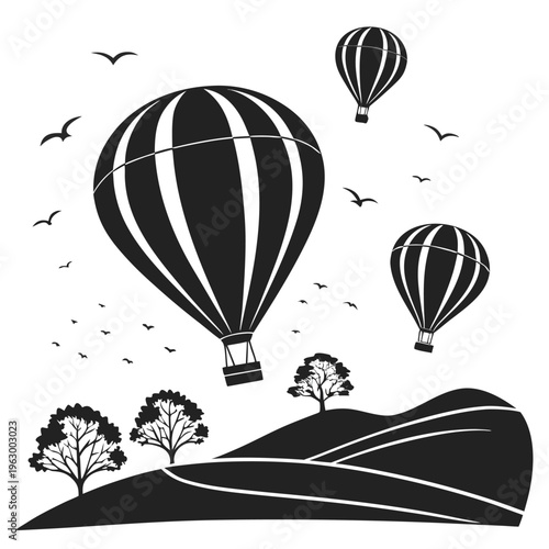 Black and White Hot Air Balloons over Rolling Hills.

