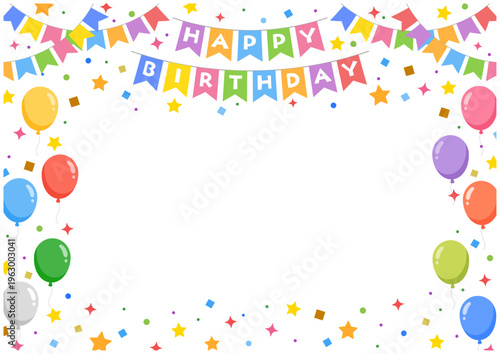 誕生日フレーム横長 ガーランドと風船のパーティー背景