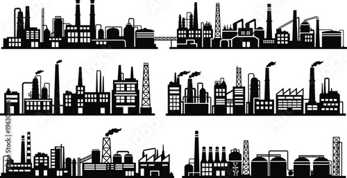 Industrial factory skyline silhouettes set, oil refinery, power plant, chemical industry vector illustration, urban industrial landscape collection, manufacturing infrastructure 