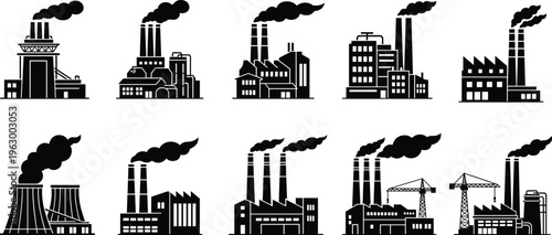 Industrial factory silhouettes icon set, black manufacturing plants with smoke chimneys, pollution concept, heavy industry buildings collection, power plant, urban industry vector illustration pack