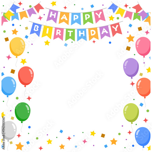 誕生日フレーム正方形 ガーランドと風船の装飾背景