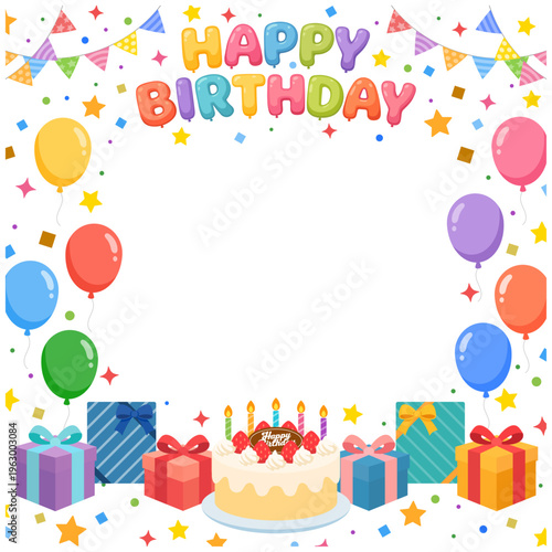 誕生日フレーム正方形 風船とケーキのパーティー装飾背景