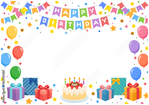 誕生日フレーム横長 ガーランドと風船 ケーキのパーティーバナー