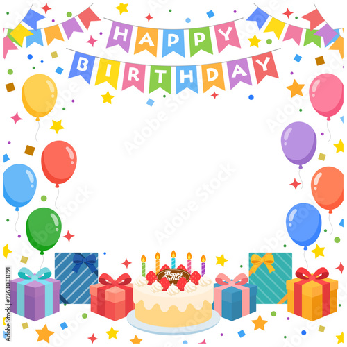 誕生日フレーム正方形 ガーランドと風船 ケーキの装飾背景