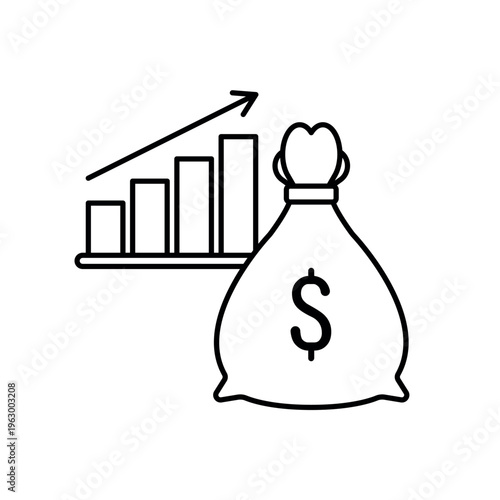 icon an economic stimulus with a money bag and rising bar chart, isolated against a clean background