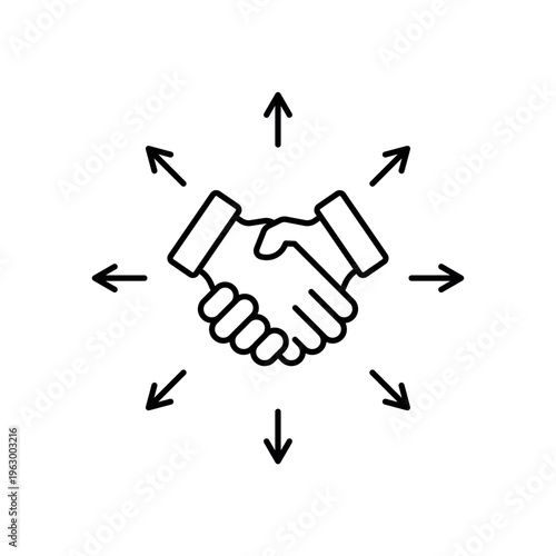 icon a trade expansion with central handshake and outgoing arrows, isolated against a clean background.