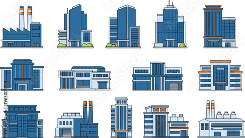 Modern building and industrial factory icon set, blue urban architecture collection, office towers, plants, city infrastructure illustration, construction design, flat vector buildings icons pack